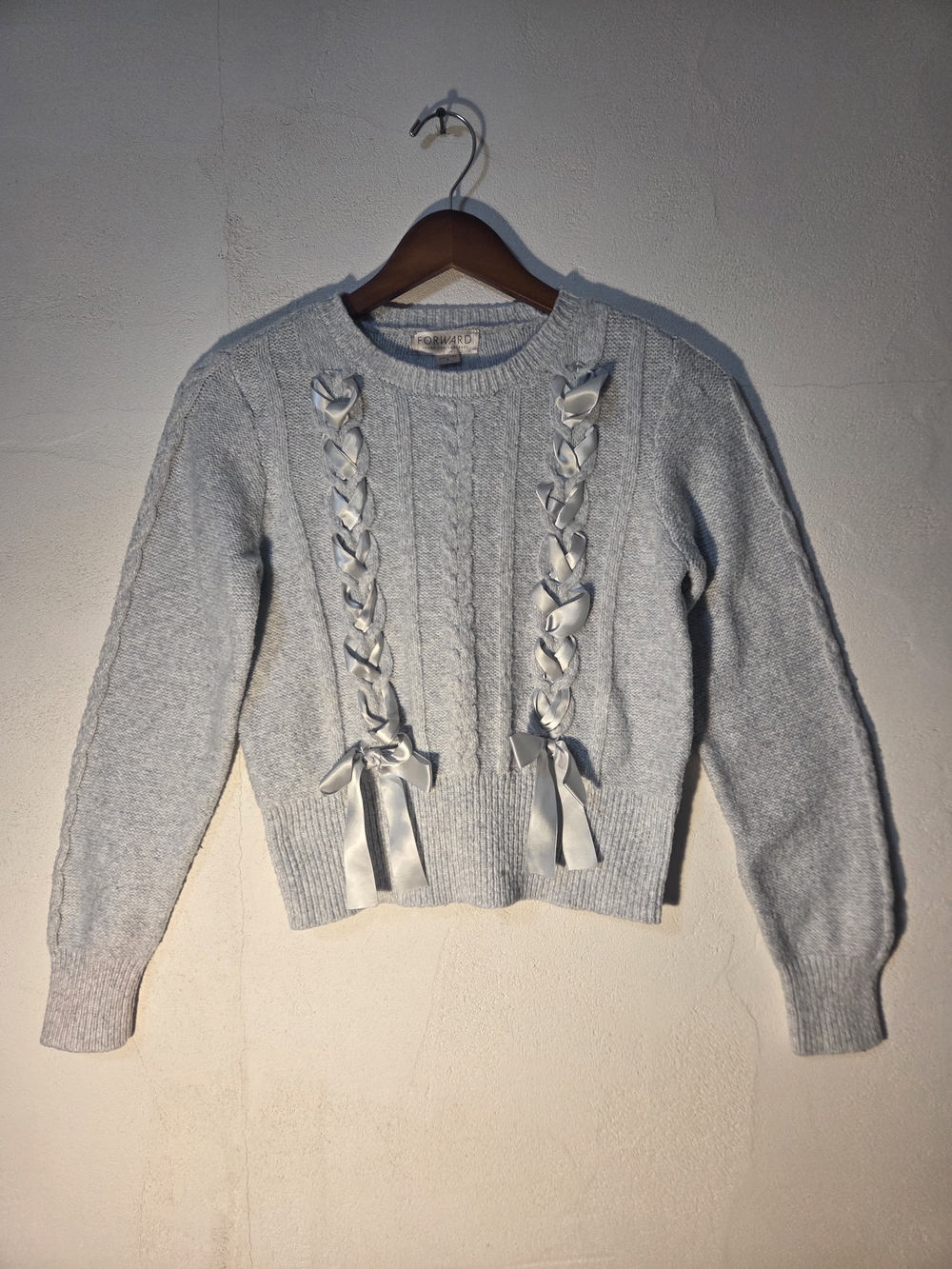 FORWARD Young Contemporary Blue Ribbon Cable Knit Sweater Bows Women’s Small S
